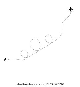 Dotted line with silhouette of airplane. Aviation route, isolated on white background. Vector illustration.