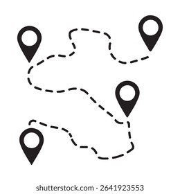 Dotted line travel route map with location pins on white background for navigation concept.