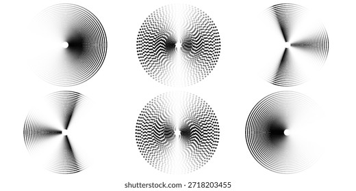 Conjunto de señales de ondas sonoras punteadas y lineales. Radio radial y colección de íconos de audio de música. Paquete de signo de elemento de vibración de radar ondulado. Paquete de líneas de impulso curvadas negras. Símbolos de onda sonora de eco. Vector