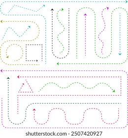 Dotted Lines Arrow, Clean Dot Style hand-drawn doddle arrow set. Curved dotted lines set, dashed lines, Set of dotted doodle arrows, isolated, split lines. 