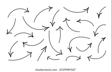 Linhas Pontilhadas Setas em estilo desenhado à mão. Linhas de direção de doddle com pontos definidas. Traçado editável curvo, tracejado e dividido.