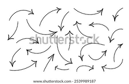 Dotted Lines Arrows in hand drawn style. Dot doddle direction lines set. Curved, dashed, split editable stroke.