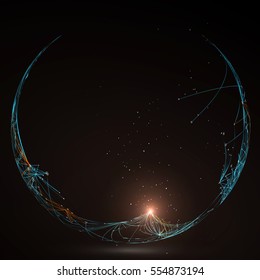 Dotted lines connected to the abstract graphics, network connections.