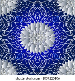 Dotted lines floral 3d seanless pattern. Vector abstract background wallpaper with white 3d flowers, leaves, dotted line art tracery ornaments. Surface texture. Design for fabric, prints, textile.