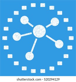 Dotted Links Diagram grainy textured icon for overlay watermark stamps. Flat symbol with unclean texture. Dotted vector white ink rubber seal stamp with grunge design on a blue background.
