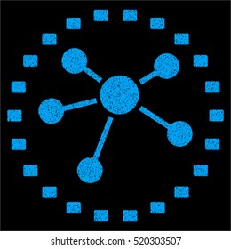 Dotted Links Diagram grainy textured icon for overlay watermark stamps. Flat symbol with unclean texture. Dotted vector blue ink rubber seal stamp with grunge design on a black background.