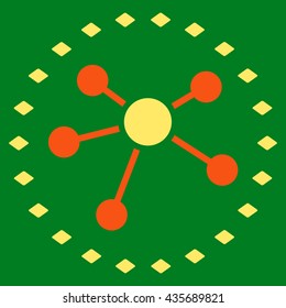 Dotted Links Diagram vector toolbar icon. Style is bicolor flat icon symbol, orange and yellow colors, green background, rhombus dots.