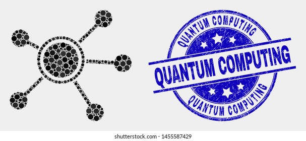 Dotted links mosaic icon and Quantum Computing seal. Blue vector round textured seal stamp with Quantum Computing caption. Vector combination in flat style.