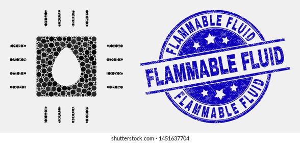 Dotted liquid processor mosaic icon and Flammable Fluid watermark. Blue vector round scratched seal stamp with Flammable Fluid title. Vector composition in flat style.