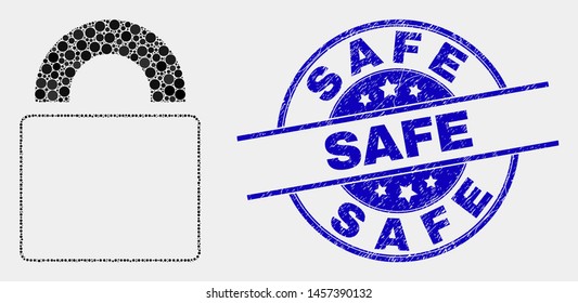 Dotted lock mosaic pictogram and Safe seal stamp. Blue vector rounded textured seal stamp with Safe phrase. Vector composition in flat style. Black isolated lock mosaic of scattered dots,