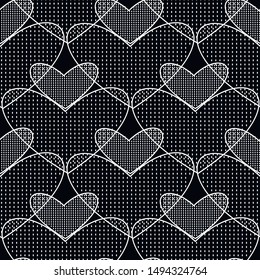 Dotted love hearts vector seamless pattern. Ornamental art deco textured background. Repeat abstract dotted line backdrop. Digital black and white halftone ornament. Modern ornate design with dots.