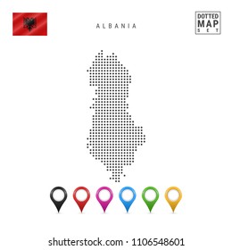 Dotted Map of Albania. Simple Silhouette of Albania. The National Flag of Albania. Set of Multicolored Map Markers. Vector Illustration Isolated on White Background.