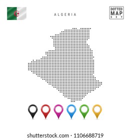 Dotted Map of Algeria. Simple Silhouette of Algeria. The National Flag of Algeria. Set of Multicolored Map Markers. Vector Illustration Isolated on White Background.