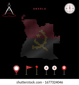 Dotted map of Angola painted in the colors of the national flag of Angola. Waving flag effect. Map tools, set of cartographic icons. Vector illustration