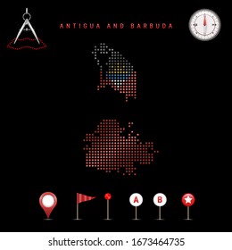 Dotted map of Antigua and Barbuda painted in the colors of the national flag of Antigua and Barbuda. Waving flag effect. Map tools, set of cartographic icons. Vector illustration