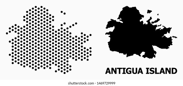 Dotted map of Antigua Island composition and solid illustration. Vector map of Antigua Island composition of spheric elements with honeycomb periodic array on a white background.