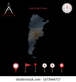 Dotted map of Argentina painted in the colors of the national flag of Argentina. Waving flag effect. Map tools, set of cartographic icons. Vector illustration