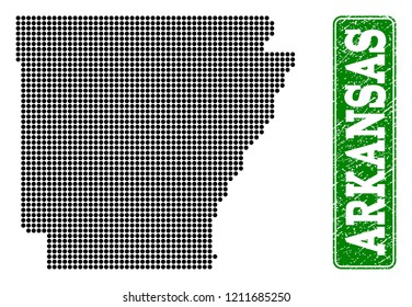 Dotted map of Arkansas State and rubber caption. Vector green title inside rounded rectangle and distress rubber texture. Pixelated map of Arkansas State designed with black pattern of round dots.