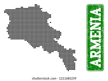 Dotted map of Armenia and scratched caption. Vector green title inside rounded rectangle and scratched rubber texture. Pixelated map of Armenia constructed with black pattern of round dots.