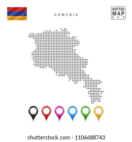 Dotted Map of Armenia. Simple Silhouette of Armenia. The National Flag of Armenia. Set of Multicolored Map Markers. Vector Illustration Isolated on White Background.