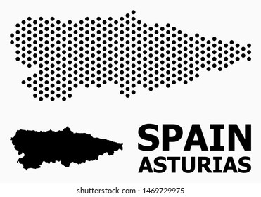 Dotted map of Asturias Province composition and solid illustration. Vector map of Asturias Province composition of round elements with honeycomb geometric array on a white background.
