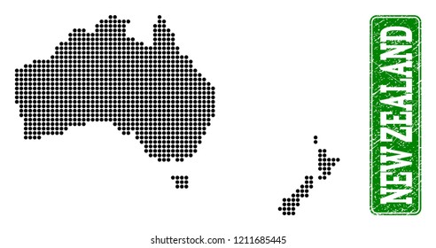 Dotted map of Australia and New Zealand and rubber caption. Vector green title inside rounded rectangle and distress rubber texture.