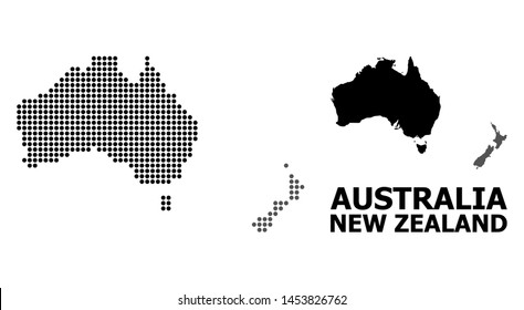 Dotted map of Australia and New Zealand composition and solid illustration. Vector map of Australia and New Zealand composition of spheric spots on a white background.