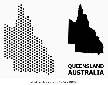 Dotted map of Australian Queensland composition and solid illustration. Vector map of Australian Queensland composition of circle dots with hexagonal periodic order on a white background.