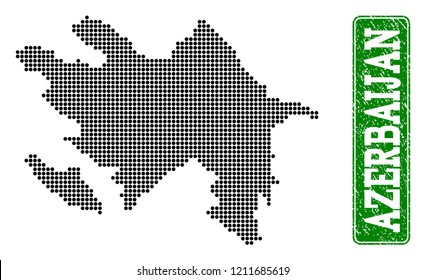 Dotted map of Azerbaijan and rubber caption. Vector green title inside rounded rectangle and unclean rubber texture. Pixelated map of Azerbaijan constructed with black pattern of round dots.