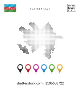 Dotted Map of Azerbaijan. Simple Silhouette of Azerbaijan. The National Flag of Azerbaijan. Set of Multicolored Map Markers. Vector Illustration Isolated on White Background.