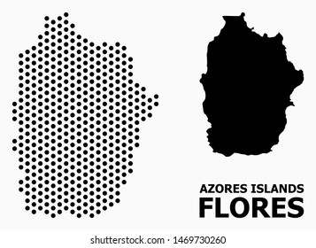 Dotted map of Azores - Flores Island composition and solid illustration. Vector map of Azores - Flores Island composition of round items with hexagonal periodic array on a white background.