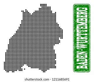 Dotted map of Baden-Wurttemberg State and rubber caption. Vector green title inside rounded rectangle and distress rubber texture.