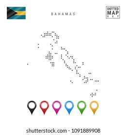 Dotted Map of Bahamas. Simple Silhouette of Bahamas. The National Flag of Bahamas. Set of Multicolored Map Markers. Vector Illustration Isolated on White Background.