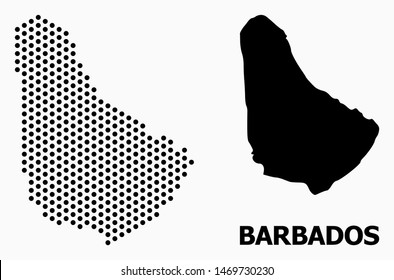 Dotted map of Barbados composition and solid illustration. Vector map of Barbados composition of sphere items with hexagonal geometric pattern on a white background.