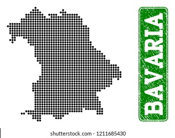 Dotted map of Bavaria State and corroded caption. Vector green title inside rounded rectangle and corroded rubber texture. Pixelated map of Bavaria State constructed with black pattern of round dots.