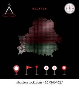 Dotted map of Belarus painted in the colors of the national flag of Belarus. Waving flag effect. Map tools, set of cartographic icons. Vector illustration