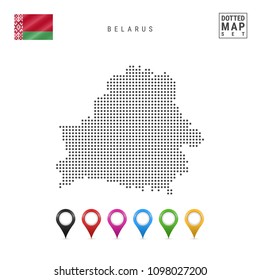Dotted Map of Belarus. Simple Silhouette of Belarus. The National Flag of Belarus. Set of Multicolored Map Markers. Vector Illustration Isolated on White Background.