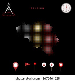 Dotted map of Belgium painted in the colors of the national flag of Belgium. Waving flag effect. Map tools, set of cartographic icons. Vector illustration