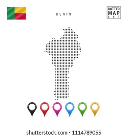 Dotted Map of Benin. Simple Silhouette of Benin. The National Flag of Benin. Set of Multicolored Map Markers. Vector Illustration Isolated on White Background.