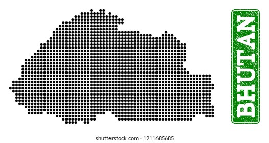 Dotted map of Bhutan and unclean caption. Vector green title inside rounded rectangle and unclean rubber texture. Pixelated map of Bhutan constructed with black pattern of round dots.