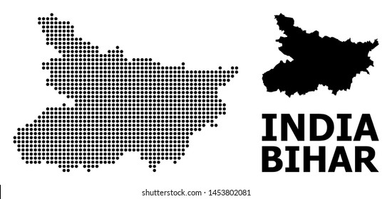 Dotted map of Bihar State collage and solid illustration. Vector map of Bihar State combination of circle spots on a white background. Abstract flat geographic scheme for education purposes.