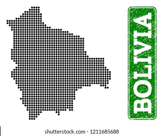 Dotted map of Bolivia and rubber caption. Vector green title inside rounded rectangle and retro rubber texture. Pixelated map of Bolivia constructed with black pattern of round dots.