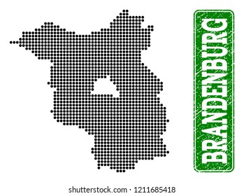Dotted map of Brandenburg State and rubber caption. Vector green title inside rounded rectangle and grunge rubber texture.