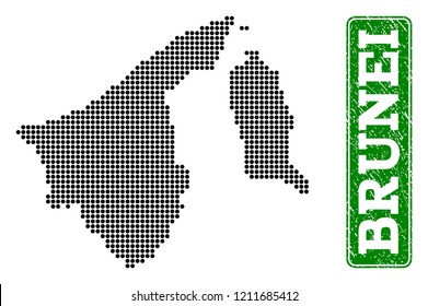 Dotted map of Brunei and rubber caption. Vector green title inside rounded rectangle and unclean rubber texture. Pixelated map of Brunei designed with black pattern of round dots.