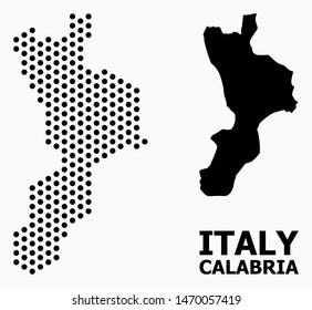 Dotted map of Calabria region composition and solid illustration. Vector map of Calabria region composition of spheric pixels with hexagonal periodic pattern on a white background.