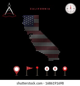 Dotted map of California painted in the colors of the national flag of the United States. Waving flag effect. Map tools, set of cartographic icons. Vector illustration