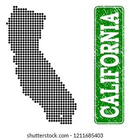Dotted map of California and rubber caption. Vector green title inside rounded rectangle and retro rubber texture. Pixelated map of California constructed with black pattern of round dots.