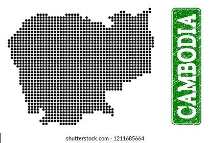 Dotted map of Cambodia and grunge caption. Vector green title inside rounded rectangle and grunge rubber texture. Pixelated map of Cambodia constructed with black pattern of round dots.