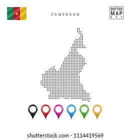 Dotted Map of Cameroon. Simple Silhouette of Cameroon. The National Flag of Cameroon. Set of Multicolored Map Markers. Vector Illustration Isolated on White Background.