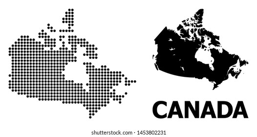 Dotted map of Canada composition and solid illustration. Vector map of Canada composition of sphere items on a white background. Abstract flat territorial scheme for educational purposes.